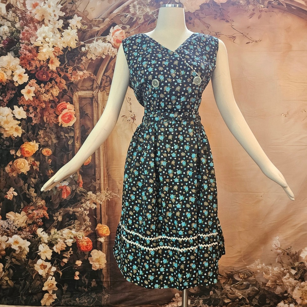 Vintage 1960s Bill Sims Cotton Floral Heart Dress Black Blue Ric Rac Trim Sz 18